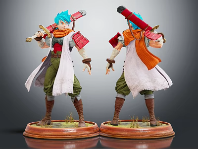 Blue Haired Game and Movie Character With Red Scarf White Coat Red Scroll Wooden Base 3d model