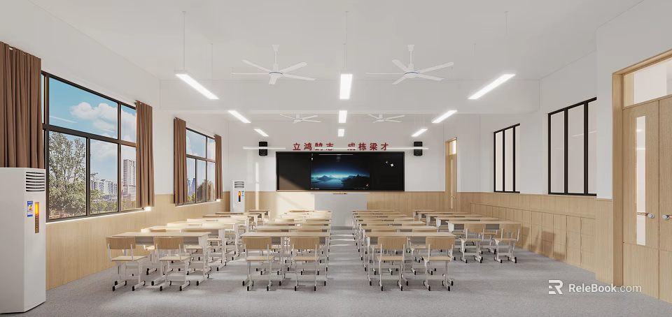 Bright School Classroom Interior With Ceiling Fans Desks And Blackboard 3d model 