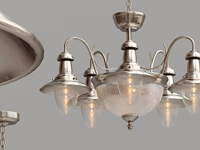 Vintage Silver Chandelier Design With Curved Arms Glass Shades And Bulbs 3d model