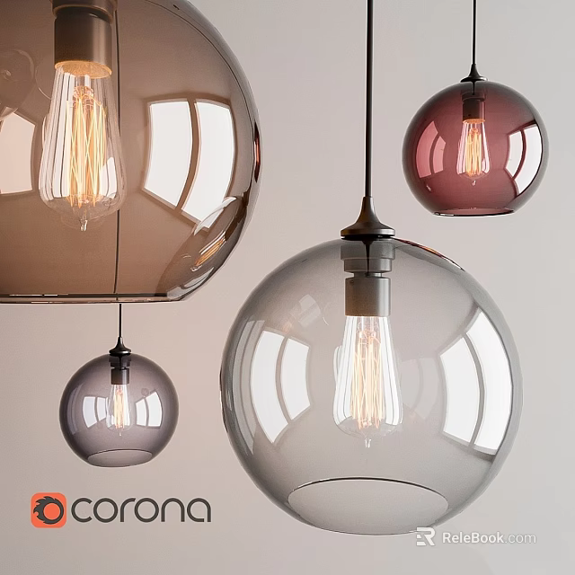 Modern Spherical Glass Pendant Lights With Transparent Amber Purple Shades And Edison Bulbs 3d model 