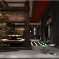 Traditional Chinese Tea House Interior With Wooden Structure And Red Lanterns