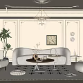 Elegant Modern Beige Living Room Interior With Chandelier Sofa Rug Plants Artwork And Wall Lamps