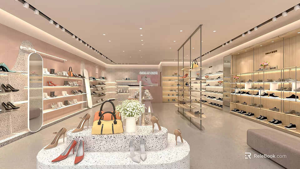 Elegant Modern Shoe Store Interior With Open Display Shelves Handbags And High Heels 3d model 