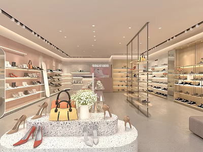 Elegant Modern Shoe Store Interior With Open Display Shelves Handbags And High Heels 3d model