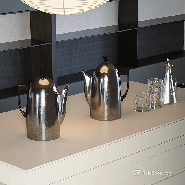 Daily Electrical Appliances Including Silver Kettles And Glass Cups On Light Countertop With Shelves 3d model 