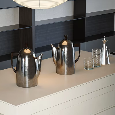Daily Electrical Appliances Including Silver Kettles And Glass Cups On Light Countertop With Shelves 3d model