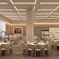 Spacious Modern Banquet Hall With Beige Walls Grid Patterned Ceiling And White Tables Chairs