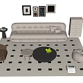 Sofa and Coffee Table Set with Beige Tufted Sofa Black Round Table and Checkered Rug 3d model
