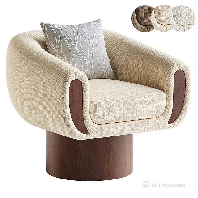 Beige Modern Leisure Chair With Textured Pillow Wooden Armrests And Solid Base 3d model 