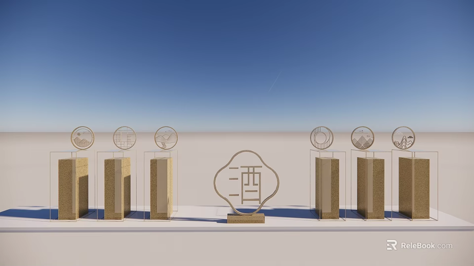 Wine Character Sculpture With Circular Decorations And Columns In Open Field Under Blue Sky 3d model 