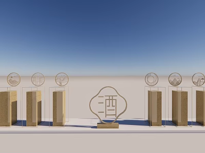 Wine Character Sculpture With Circular Decorations And Columns In Open Field Under Blue Sky 3d model