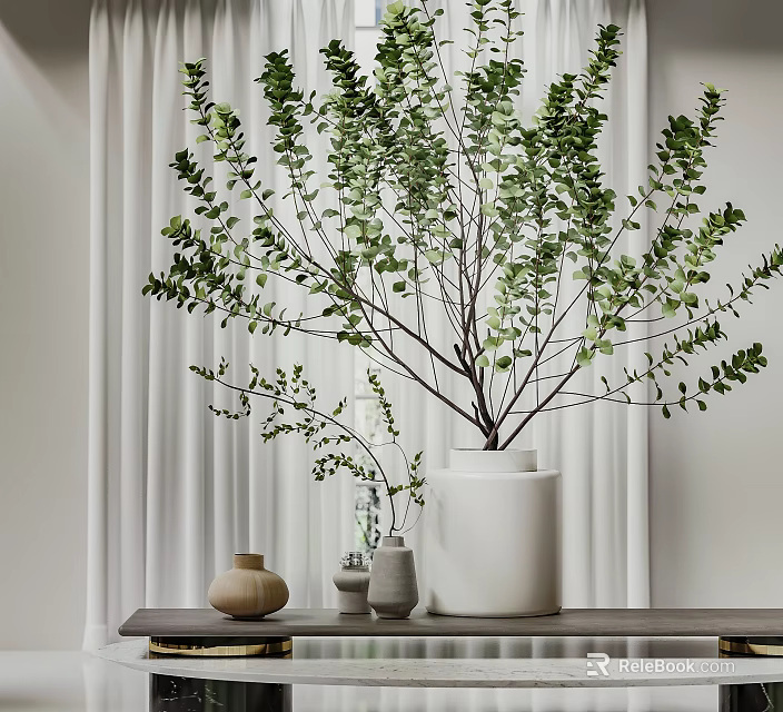 White Vase With Green Foliage On Table With Curtain Background And Small Decorative Vases 3d model 