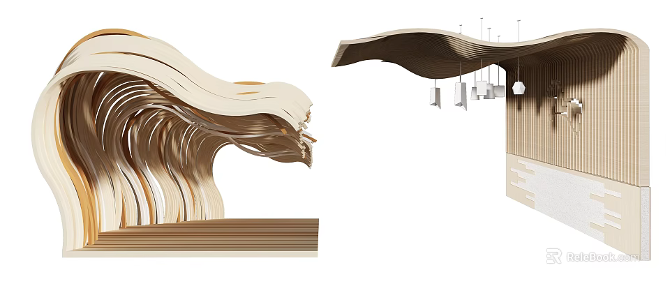 Unique Wavy Wooden Ceiling Design With Curved Structure And Pendant Lights 3d model 
