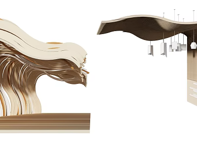 Unique Wavy Wooden Ceiling Design With Curved Structure And Pendant Lights 3d model