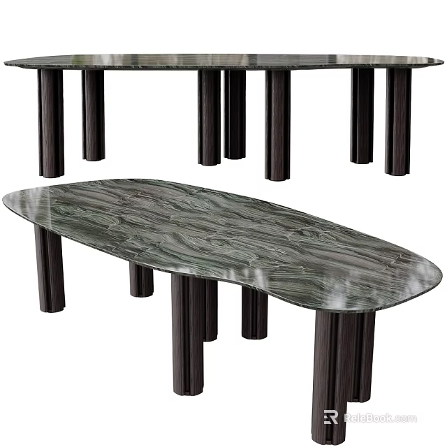Modern Oval Dining Table With Marble Top Wavy Pattern And Dark Cylindrical Legs 3d model 
