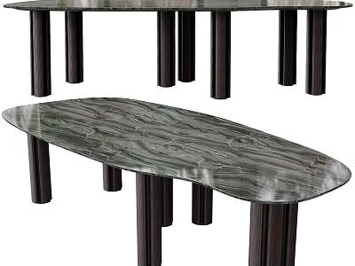 Modern Oval Dining Table With Marble Top Wavy Pattern And Dark Cylindrical Legs 3d model