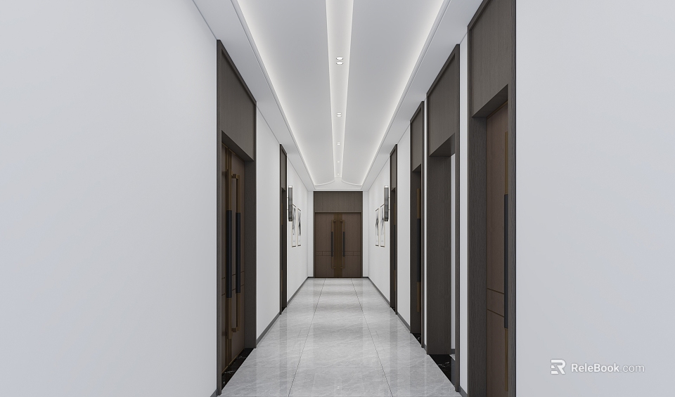 Modern Elevator Corridor With White Walls Marble Flooring And Linear Lights 3d model 