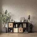 Stylish Decorative Cabinet With Woven Storage Boxes Books Green Plant And Beige Wall