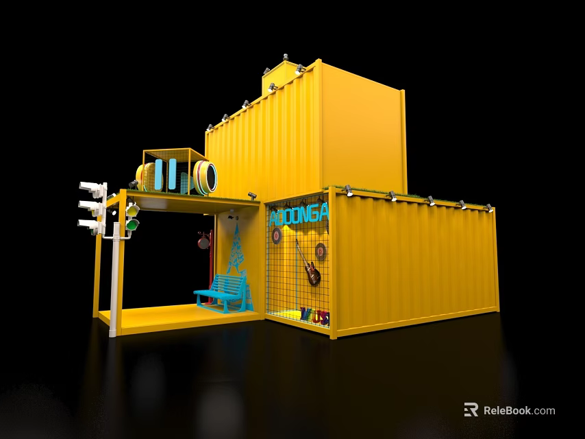 Yellow Container Cafe Structure With Guitar Seating And Traffic Light Decor 3d model 