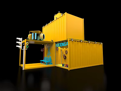Yellow Container Cafe Structure With Guitar Seating And Traffic Light Decor 3d model