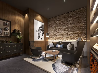 Modern Wine Cellar Interior With Wooden Walls Stone Accent Wall And Zebra Artwork Black Armchairs 3d model