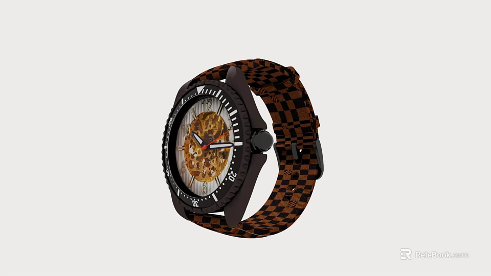 Stylish Watch With Black Case Brown Black Checkered Strap And Mechanical Dial 3d model 