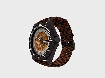 Stylish Watch With Black Case Brown Black Checkered Strap And Mechanical Dial 3d model