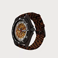 Stylish Watch With Black Case Brown Black Checkered Strap And Mechanical Dial