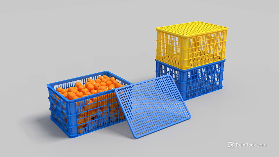 Plastic Crates In Blue And Yellow With Open Lid Stacked Containing Orange Balls 3d model 