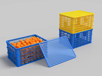 Plastic Crates In Blue And Yellow With Open Lid Stacked Containing Orange Balls 3d model