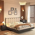 Cozy Elegant Bedroom Interior With Beige Headboard Decorative Paintings And Nightstand Lamp