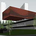 Modern Garden Landscape With High Rise Buildings Green Lawns Red Leaf Trees And Pedestrian Paths