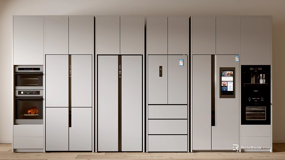 Modern Kitchen Built-in Refrigerators and Freezers with Integrated Cabinets Smart Screen and Sleek White Design 3d model 
