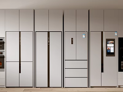 Modern Kitchen Built-in Refrigerators and Freezers with Integrated Cabinets Smart Screen and Sleek White Design 3d model
