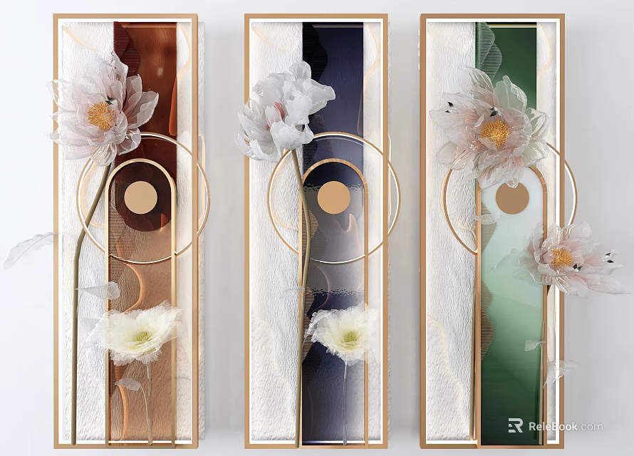 Three Panel Modern Wall Decor With Floral Design Gold Frame And Colored Backgrounds 3d model