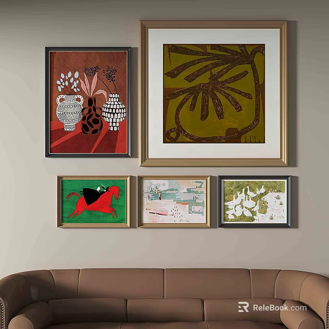 Stylish Interior Wall Decor With Framed Artworks In Various Patterns And Brown Sofa 3d model