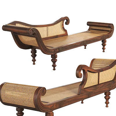 Vintage Wooden Chaise Lounge With Rattan Seat And Carved Armrests Design 3d model