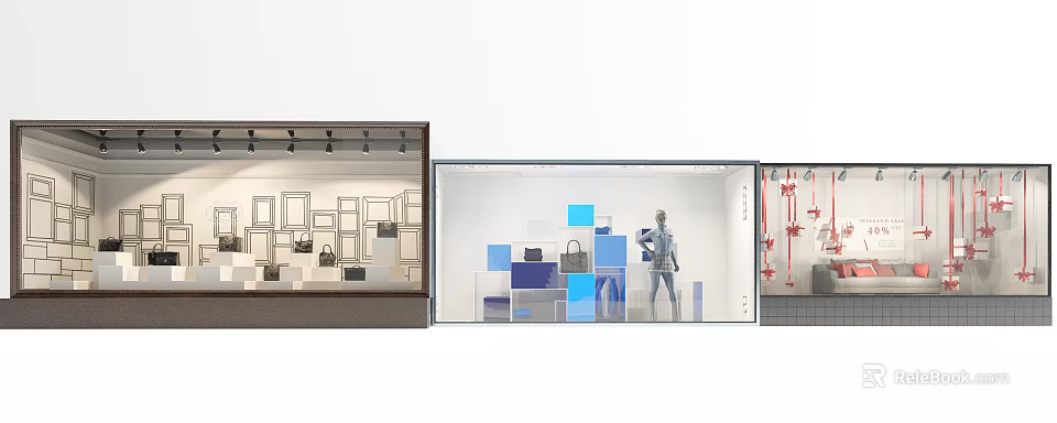 Modern Retail Store Window With Mannequin Color Blocks And Handbags 3d model 