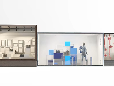 Modern Retail Store Window With Mannequin Color Blocks And Handbags 3d model