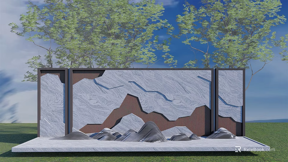 Feature Wall With Relief Design Gray Brown Rockery Under Green Trees Blue Sky 3d model 