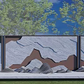 Feature Wall With Relief Design Gray Brown Rockery Under Green Trees Blue Sky