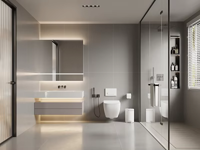 Modern Bathroom With Gray Tiles Large Mirror Glass Shower And Vanity Lighting 3d model