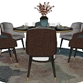 Modern Round Dining Table Set With Six Chairs Tableware And Decorative Rug 3d model