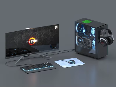Complete RYZEN Gaming Desktop Setup with Monitor Tower Keyboard Mouse Pad and Headphones 3d model