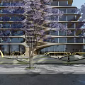 Garden Landscape Design With Playground Equipment Fountains Green Lawns Purple Trees And Modern Buildings