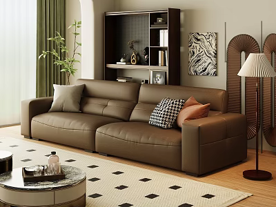 Leisure Modern Brown Leather Sofa Set With Checkered Orange Pillows Coffee Table And Floor Lamp 3d model