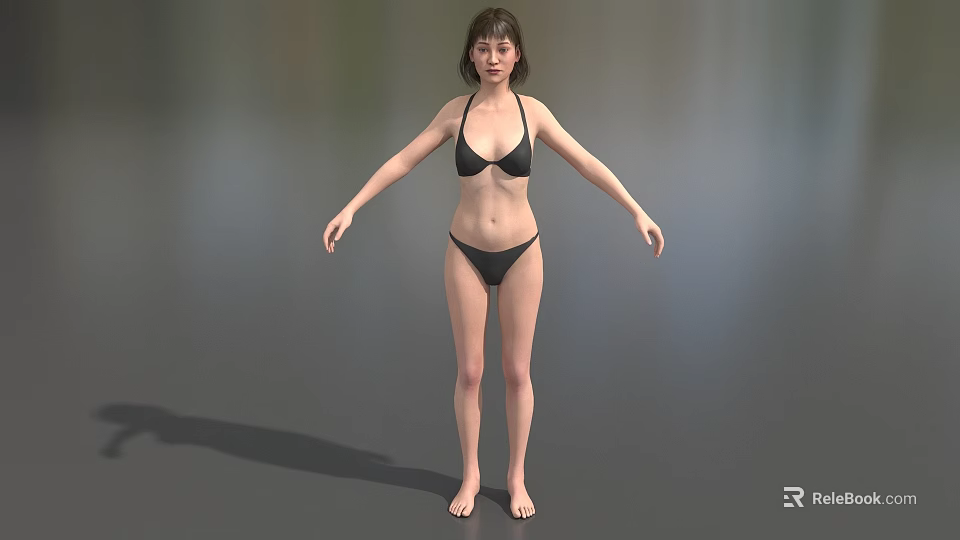 Woman in black bikini posing with arms outstretched against gray background 3d model 
