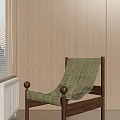 Light Green Checkered Leisure Chair With Wooden Frame By Window And Wooden Wall
