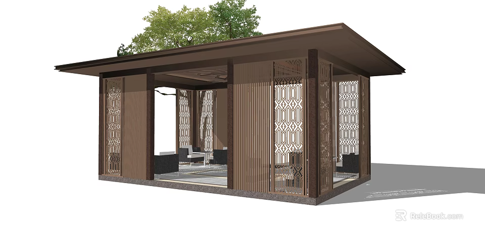Traditional Chinese Wooden Pavilion With Green Roof Plants And Carved Lattice Screens 3d model 