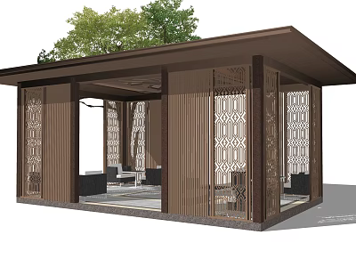 Traditional Chinese Wooden Pavilion With Green Roof Plants And Carved Lattice Screens 3d model